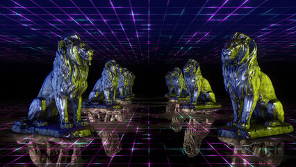 A background with two golden lion statues on a neon grid floor.