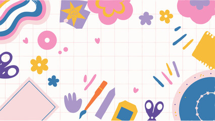 Welcome back to school themed background with school supplies and a grid pattern for a cheerful design