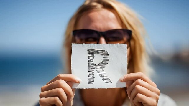 Holding Letter R Drawn on Paper at Beach