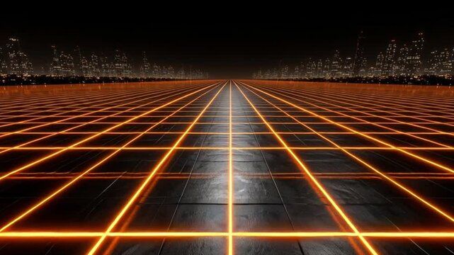 Grid of Illumination: A captivating perspective showcases an expansive, glowing grid, stretching towards an obscured city silhouette in the distance, a symbol of boundless connectivity.