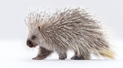 Obraz premium A porcupine walking cautiously with quills raised, on white