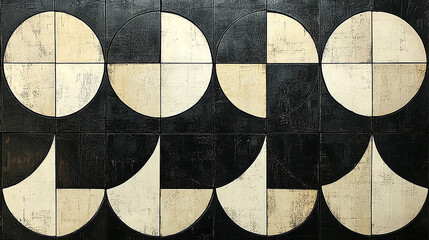A sophisticated blend of overlapping circles and squares in varying shades of grey and black creates a striking minimalist pattern. The simplicity of the design emphasizes clean lines and balance, 