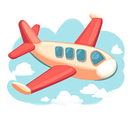 Cartoon airplane in a light-blue sky with clouds