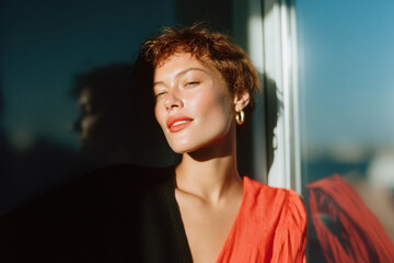 Model posing by window with sunlight on face
