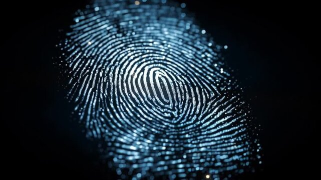Fingerprint: A close-up image of a unique human fingerprint, an emblem of identity, against a background of technological design. Evoking notions of security, investigation.