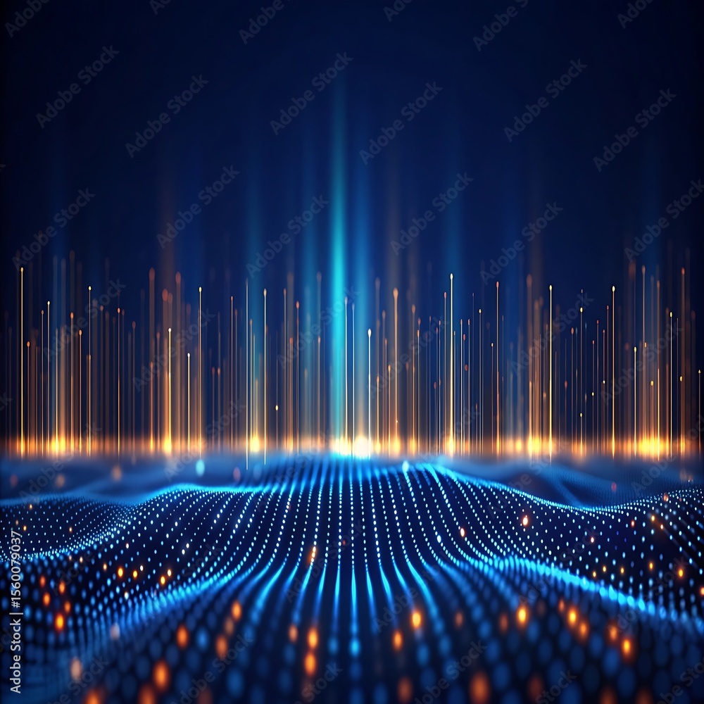 Poster digital data streams with glowing light particles and abstract waves background blue