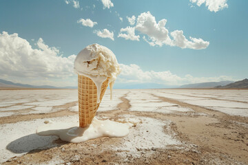 Melting ice cream cone on a dry landscape under a bright blue sky with fluffy clouds in the distance. Generative AI