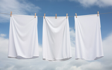 Photo of white sheets hang on a clothesline against a cloudy sky