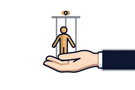 2d icon of a hand controlling a simple figure icon with marionette puppet strings, minimalist design, solid beige and gray colors, clean sharp lines, no shadows, isolated on a plain white background