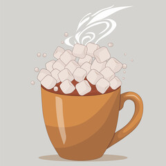 Brown mug with warm cocoa and marshmallows. Vector illustration.