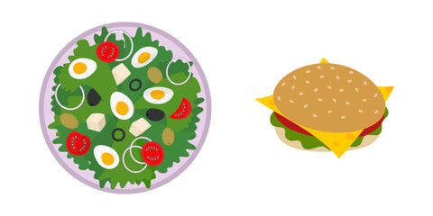 Vegetable and Boiled Eggs Salad on plate and Cheeseburger with vegetables and sesame bun Food Set