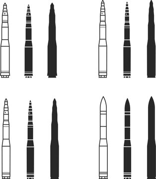 Set of icons of intercontinental ballistic missiles LGM-30 Minuteman of various modifications and ranges, set of line missile icons, silhouettes of isolation in black colors.