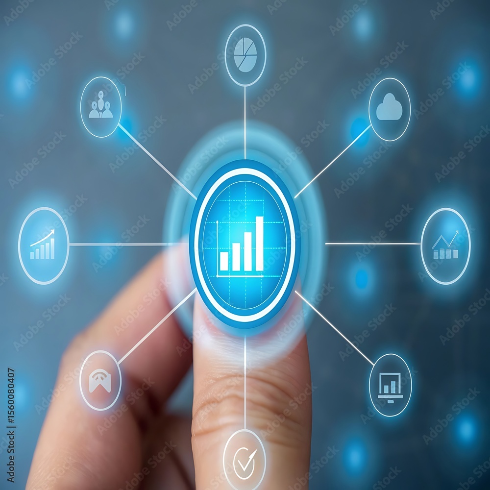 Poster digital network connecting business analytics icons with a finger data technology