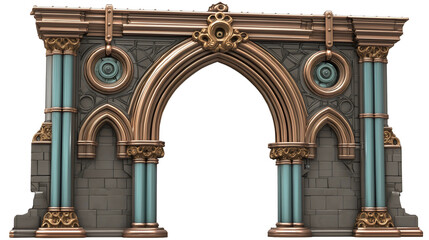 Naklejka premium Stone archway gateway with turquoise columns bronze details and triple arch design for game asset, architectural element isolated on transparent background.