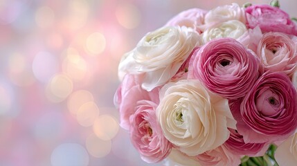 Elegant pink and white ranunculus flower bouquet centerpiece in soft natural light, surrounded by delicate petals, with a dreamy pastel blurred background and shallow depth of field

