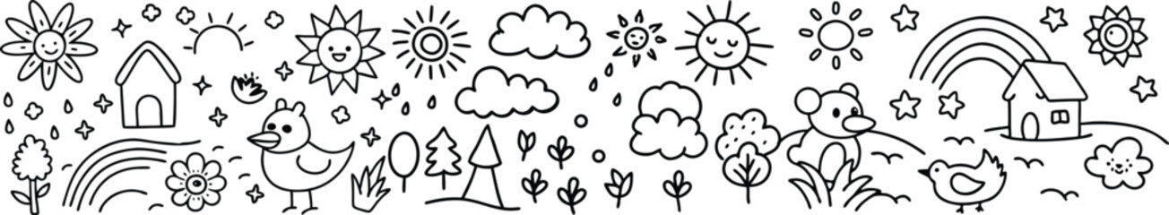 Vector art of a charming collection of nature doodles including a house, birds, sheep, and flowers, isolated on transparent background