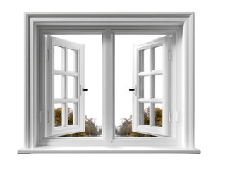 Fototapeta premium Open Window View: Two white framed window panes opened wide, giving a view that exudes tranquility and peace. Focus on detail, aesthetic, and harmony.