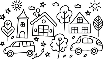 Vector art of a simple black and white illustration of houses, cars and trees isolated on transparent background