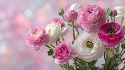 Fototapeta premium Elegant pink and white ranunculus flower bouquet centerpiece in soft natural light, surrounded by delicate petals, with a dreamy pastel blurred background and shallow depth of field