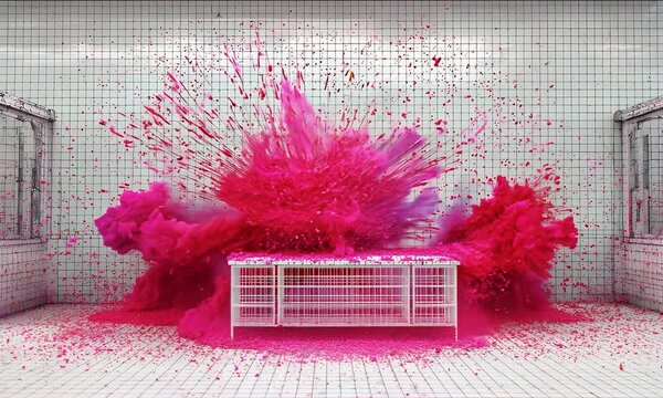 Pink Paint Exploding on White Furniture in an Empty Room Slow Motion