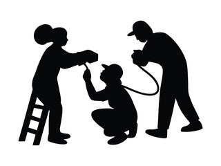 Silhouettes of Workers Handling Equipment on a Ladder