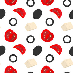 Olives Cheese Cubes and Tomatoes slices Seamless Pattern Healthy Eating Ingredients Food Background