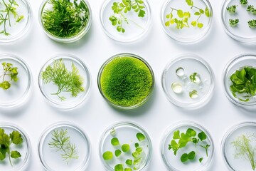 Various green plant samples and microalgae in transparent petri dishes arranged on white background. Flat lay botanical laboratory composition for research, skincare formulation, and biotechnology.