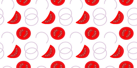 Onion rings and Tomatoes Slices Seamless Pattern Vegetarian Food or Healthy eating Theme Background