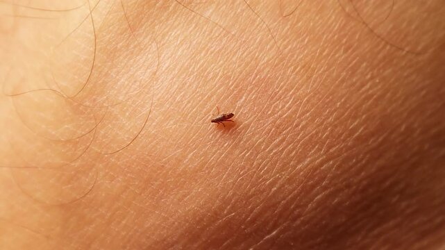 Close-up of a flea sucking blood from a veterinarian&rsquo;s ankle during field duty. Depicts flea bite risks&mdash;itching, infection, disease&mdash;and occupational hazards in rural veterinary work.