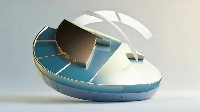 Floating emblem rotating in studio revealing gold-blue layers and translucent ring