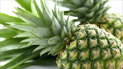Close-up of a fresh ripe pineapple with vibrant green leaves isolated on clean white background, studio lighting, tropical fruit concept, healthy food, minimal composition

