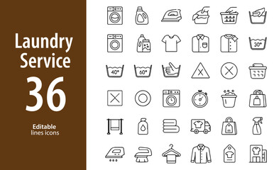 Laundry Service Line Icons, Washing Machine, Iron, Detergent, Dry Cleaning, Clothes Hanger, Basket, and More , Editable Formats: AI, EPS, JPG, PNG , Ideal for Both Digital and Print Use

