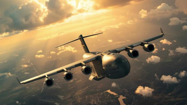 A large, grey United States Air Force transport plane flies through the air. The sky is a beautiful golden color, with fluffy clouds. The land is visible below