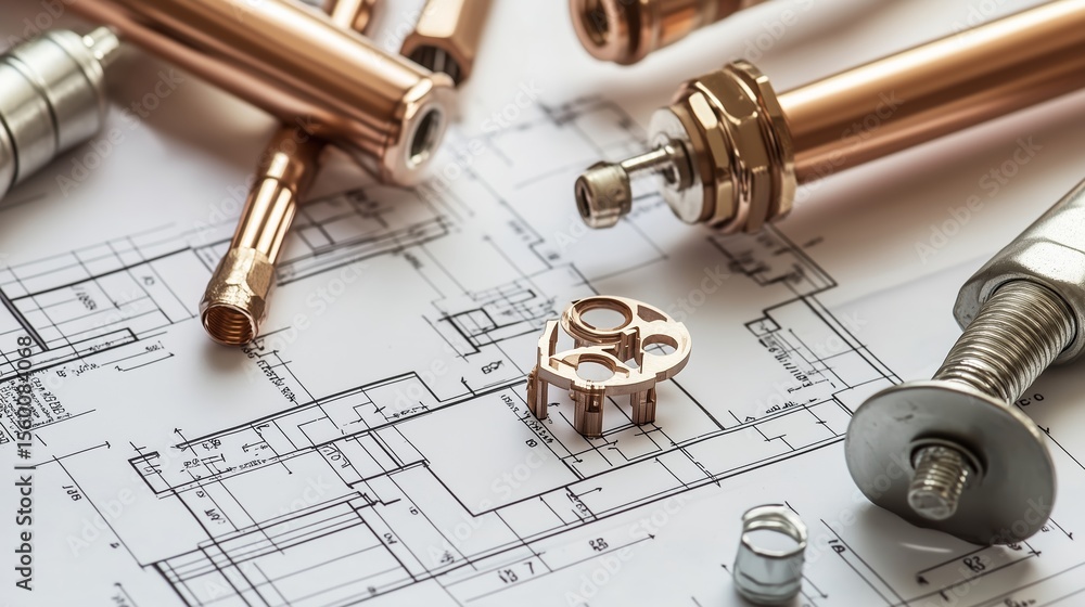 Poster detailed engineering components with blueprints displayed on a worktable in a workshop setting