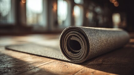 Rolled yoga mat on smooth studio floor under soft ambient lighting, captured with shallow depth of field for wellness, fitness, and mindfulness lifestyle concepts.

