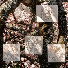 Artistic display of ceramic tiles with intricate designs hanging on a blossoming tree