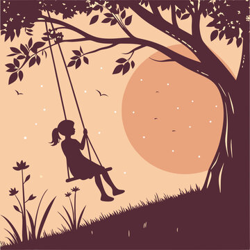 Child girl silhouette swinging on tree swing at sunset peaceful childhood memory illustration vector background design