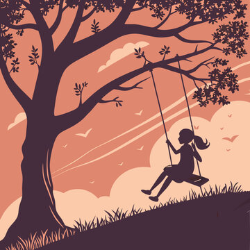 Child playing on tree swing silhouette at sunset with warm orange sky and peaceful nature scene for childhood memories concept
