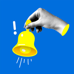 Halftone hand holds a bell. Danger alert notification. Calling attention. Important message. Ringing bell. Modern collage