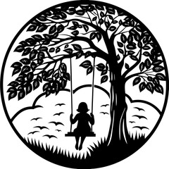 Child on swing under tree silhouette black and white vector illustration circular design nature outdoor playground scene