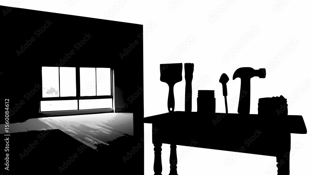 Poster silhouette of a room with a window and a table with tools in a monochrome illustration style