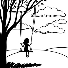 Child girl silhouette swinging on tree swing in park nature landscape black and white illustration vector art childhood memories