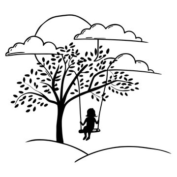 Child silhouette on tree swing under cloudy sky black and white line art illustration vector drawing simple minimal design