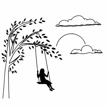 Child silhouette swinging on tree branch swing under cloudy sky simple black and white line art illustration vector drawing