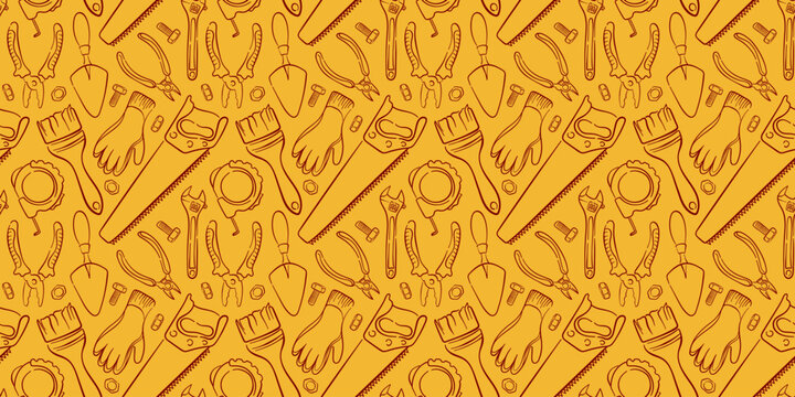 Seamless pattern of repair tools in line art style on yellow background. Design with pliers, wrenches, gloves, saws for wallpaper construction store, packaging and DIY.