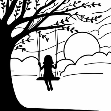 Child on swing under tree silhouette black and white illustration peaceful outdoor scene kids playing nature landscape vector