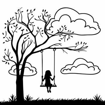 Child playing on swing under tree silhouette black and white illustration drawing outdoor park nature childhood fun activity
