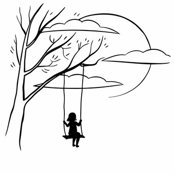 Child on tree swing silhouette vector illustration black and white simple drawing nature outdoor play childhood memories