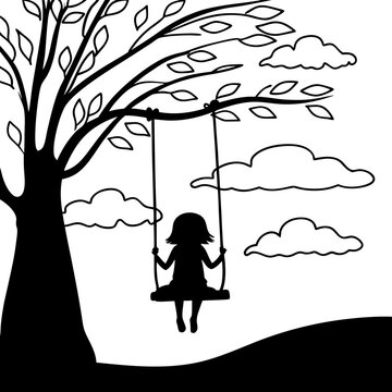 Child girl silhouette on tree swing under big tree with leaves and clouds black and white vector illustration childhood freedom