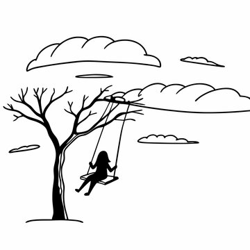 Child on tree swing silhouette vector illustration black and white simple line art drawing outdoor nature scene childhood fun
